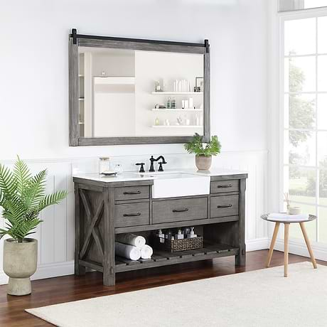 Inwood Gray Oak 60" Single Vanity with White Stone Top and Farmhouse  Sink