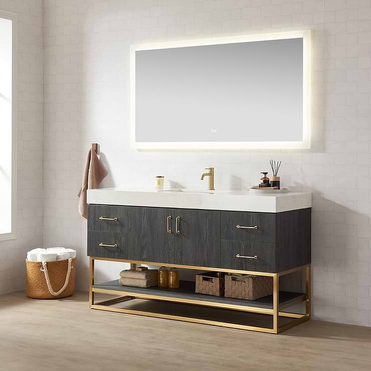 Ithica Black Oak 60" Single Vanity and Gold Hardware with Atlantic Stone Top