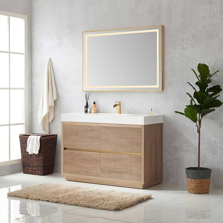 Serrano Blonde Oak 48" Single Freestanding Vanity with White Integrated Top