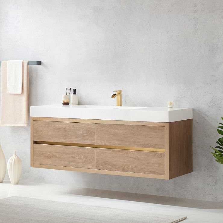 Serrano Blonde Oak 60" Single Floating Vanity with White Integrated Top