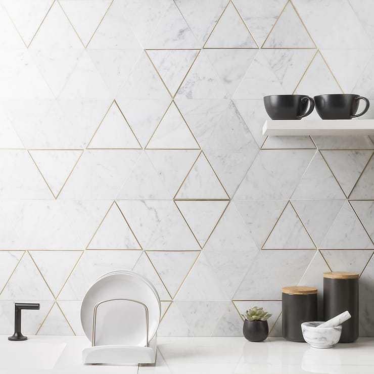 Verin Carrara Polished Marble and Brass Mosaic Tile