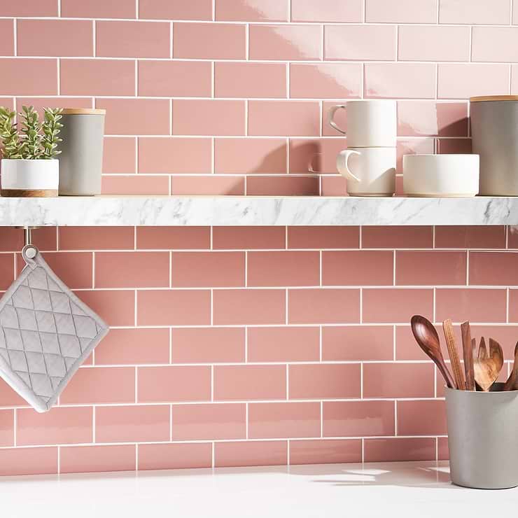 Park Hill Pink 3X6 Polished Porcelain Subway Tile; in Coral + Pink Porcelain; for Backsplash, Bathroom Wall, Kitchen Wall, Outdoor Wall, Pool Tile, Shower Wall, Wall Tile; in Style Ideas Classic, Contemporary, Cottage, Farmhouse, Industrial, Traditional, Transitional