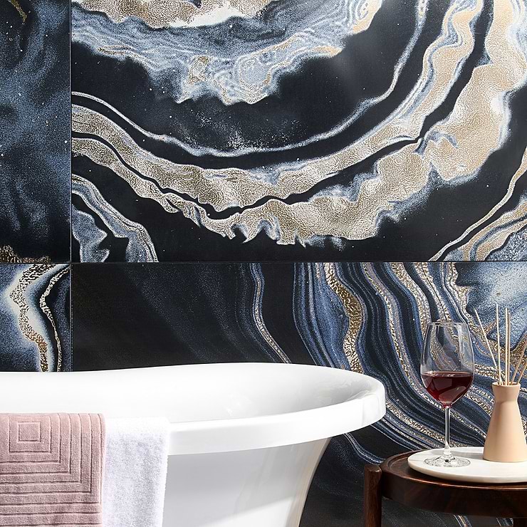 Agate Art Night Black 24x48 Artisan Decor Polished Porcelain Tile; in Black Porcelain; for Backsplash, Bathroom Wall, Kitchen Wall, Shower Wall, Wall Tile; in Style Ideas Art Deco, Contemporary, Modern, Transitional, Tropical, Whimsical; released 2024; new, trends