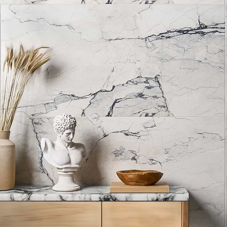 Romani Camouflage White 24x48 Marble Look Satin Porcelain Tile