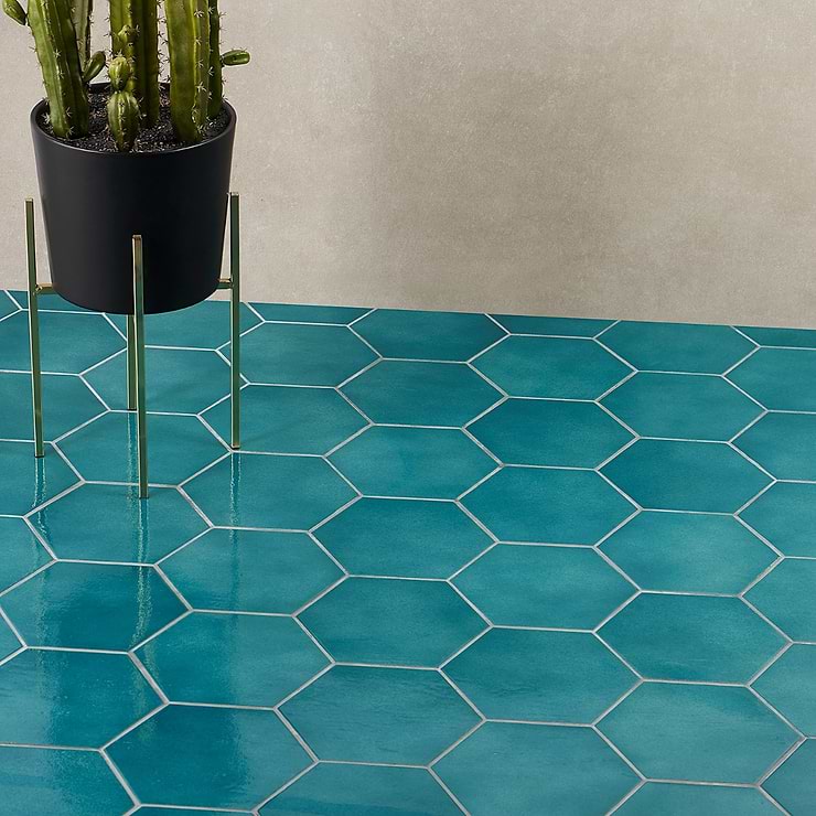 Cavallo Fiji Blue 7" Hexagon Glazed Porcelain Tile; in Blue + Turquoise Extruded Porcelain; for Backsplash, Bathroom Floor, Bathroom Wall, Commercial Floor, Floor Tile, Kitchen Floor, Kitchen Wall, Outdoor Floor, Outdoor Wall, Pool Tile, Shower Floor, Shower Wall, Wall Tile; in Style Ideas Beach, Craftsman, Mediterranean, Mid Century, Transitional, Tropical