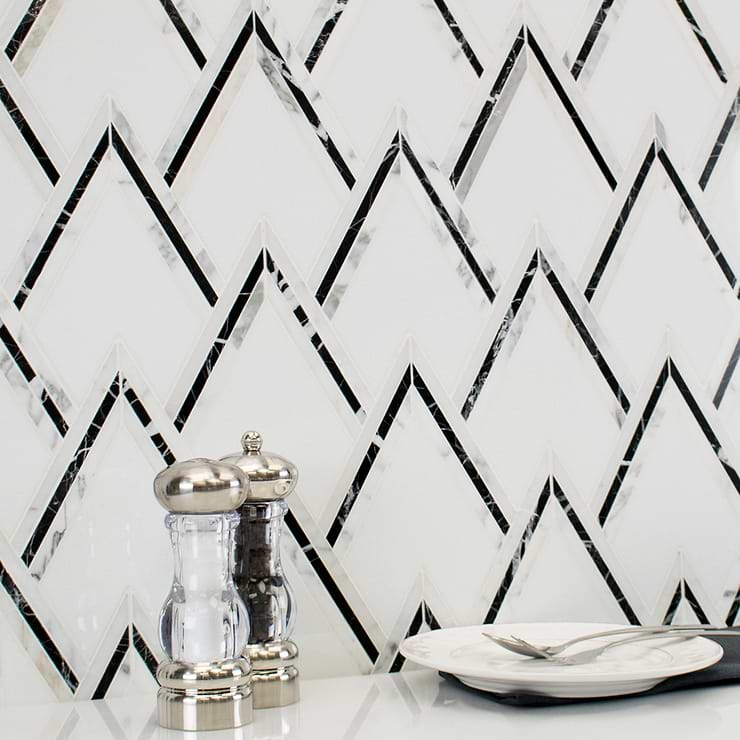 VZAG Nero Black and White Marquina Polished Marble Mosaic Tile by Vanessa Deleon