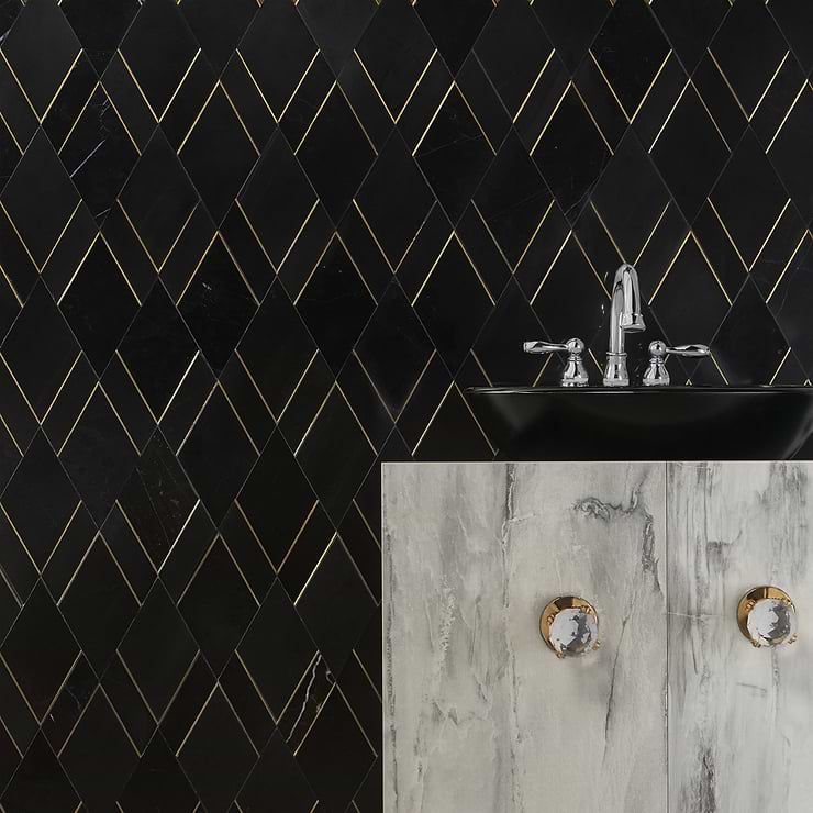 Enver Nero Polished Marble and Brass Mosaic Tile