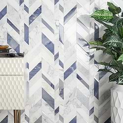 Amari Azur Polished Marble and Aluminum Chevron Mosaic Tile- Blue- White- Silver