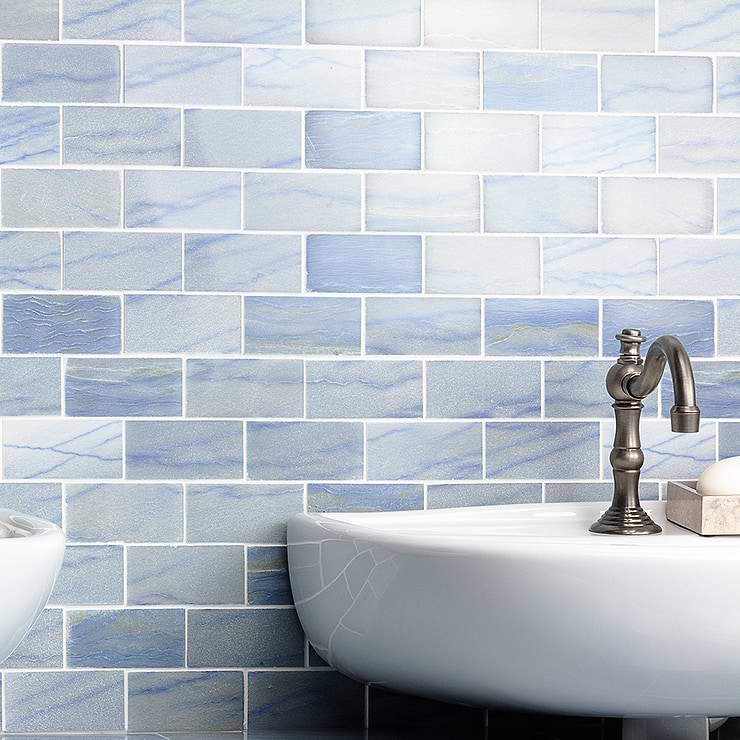 Blue Macauba 2X4 Brick Polished Marble Mosaic; in Blue Blue Marble; for Backsplash, Bathroom Floor, Bathroom Wall, Commercial Floor, Floor Tile, Kitchen Floor, Kitchen Wall, Outdoor Wall, Shower Floor, Shower Wall, Wall Tile; in Style Ideas Beach, Classic