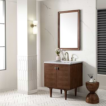 Amberly Mid-Century Walnut 30" Single Vanity with Arctic Fall Solid Surface Top by JMV
