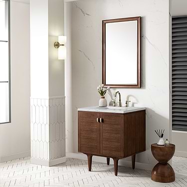 Amberly Mid-Century Walnut 30" Single Vanity with Ethereal Noctis Quartz Top by JMV