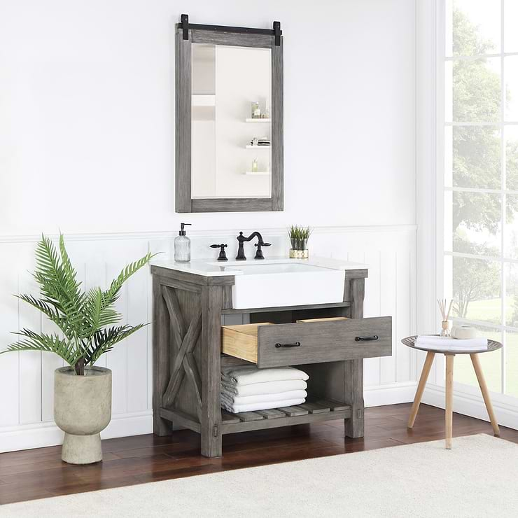 Inwood Gray Oak 36" Single Vanity with White Stone Top and Farmhouse Sink