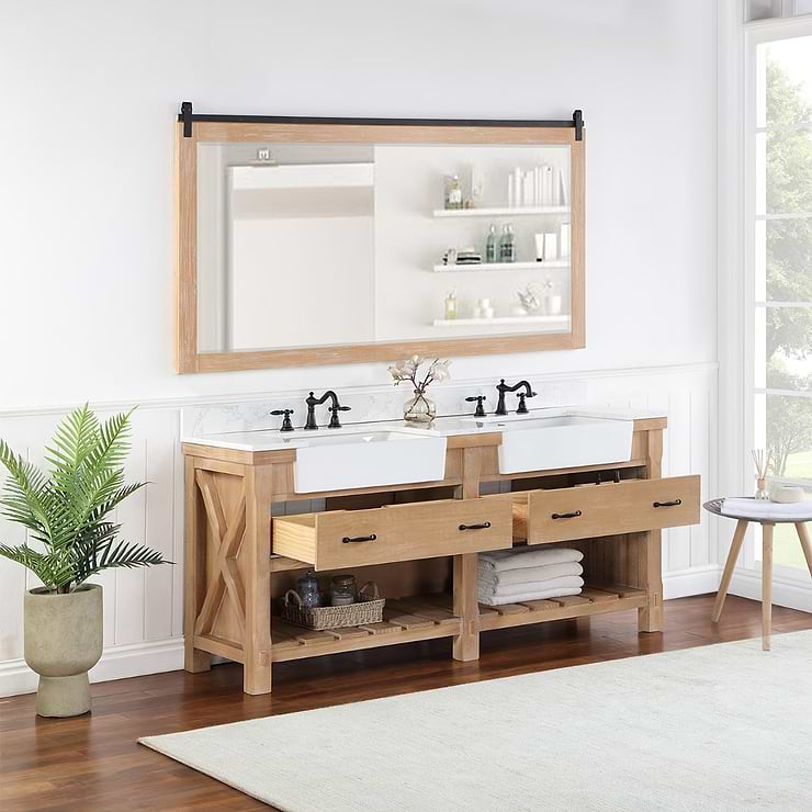 Inwood Blonde Oak 72" Double Vanity with White Stone Top and Farmhouse Sink