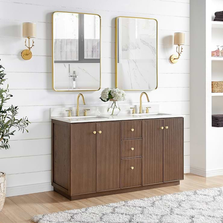 Florencia Brown Oak 60" Double Vanity with Pacific White Quartz Top