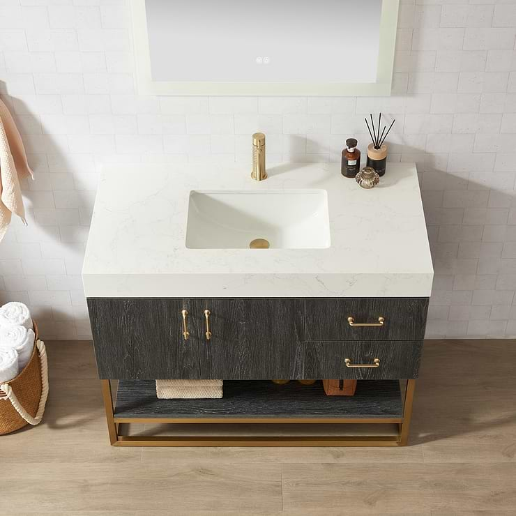 Ithica Black Oak 42" Single Vanity and Gold Hardware with Atlantic Stone Top