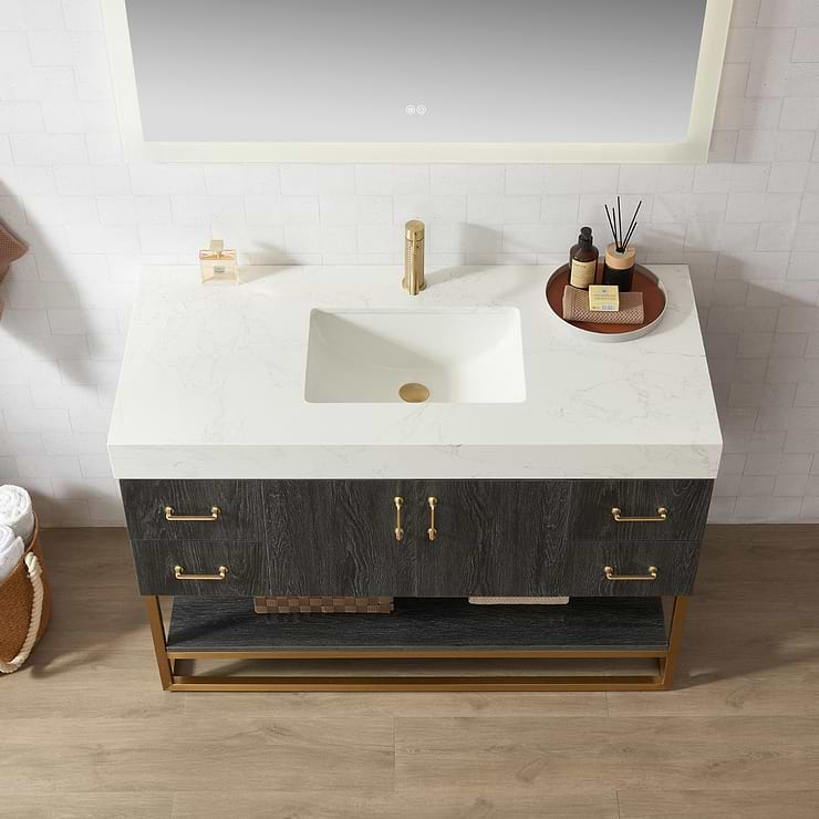 Ithica Black Oak 48" Single Vanity and Gold Hardware with Atlantic Stone Top