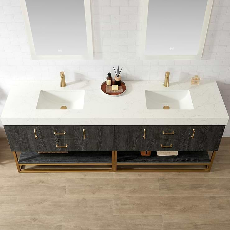 Ithica Black Oak 84" Double Vanity and Gold Hardware with Atlantic Stone Top