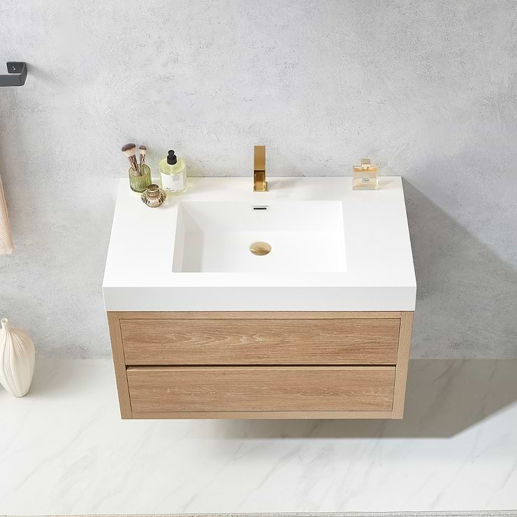 Serrano Blonde Oak 36" Single Floating Vanity with White Integrated Top