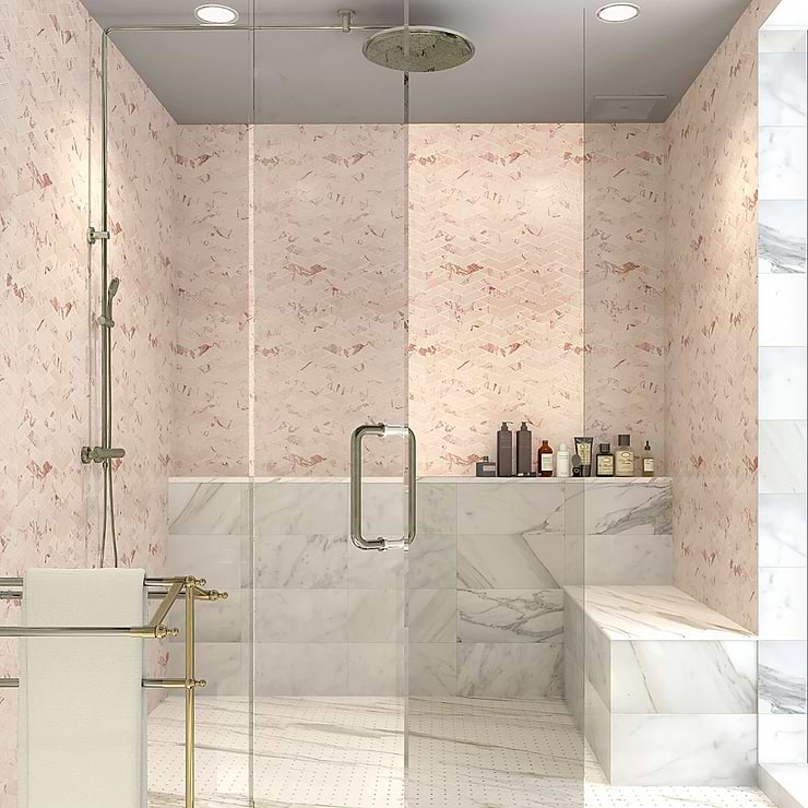 New Palm Beach by Krista Watterworth Floral Pink Chevron Polished Marble Mosaic