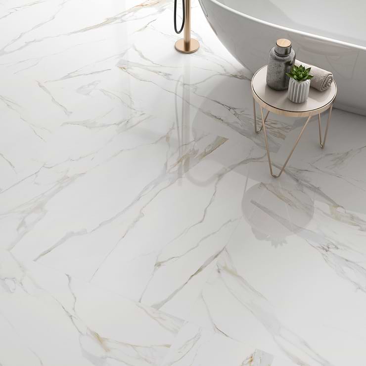 Minera Aurora Gold 48x48 Polished Porcelain Tile; in White, Gold and Gray Veining Porcelain; for Backsplash, Bathroom Floor, Bathroom Wall, Floor Tile, Kitchen Floor, Kitchen Wall, Outdoor Wall, Pool Tile, Shower Wall, Wall Tile; in Style Ideas Contemporary, Modern, Transitional