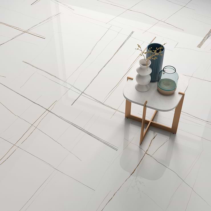 Minera Sahara Blanco White 48x48 Polished Porcelain Tile; in White, Gold and Gray Veining Porcelain; for Backsplash, Bathroom Floor, Bathroom Wall, Floor Tile, Kitchen Floor, Kitchen Wall, Outdoor Wall, Pool Tile, Shower Wall, Wall Tile; in Style Ideas Contemporary, Modern, Transitional