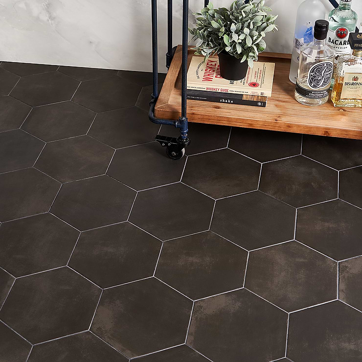 Black hexagon floor tile sale