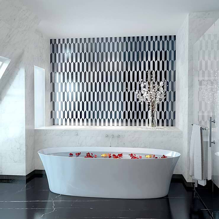 Altos Nero Polished Black Marble Mosaic Fish Scale Tile in Elongated Scallop Pattern