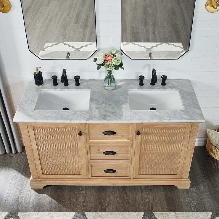 Olivier Blonde Wood 60" Double Vanity with Carrara Marble Top | Tilebar.com