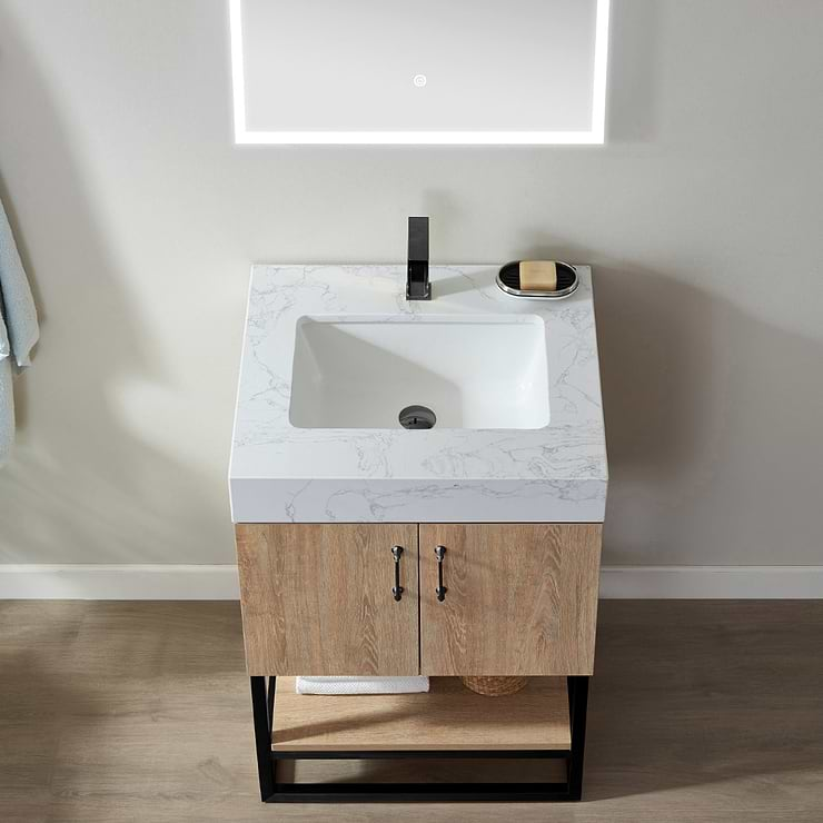 Ithica White Oak 24" Single Vanity and Black Hardware with Atlantic Stone Top