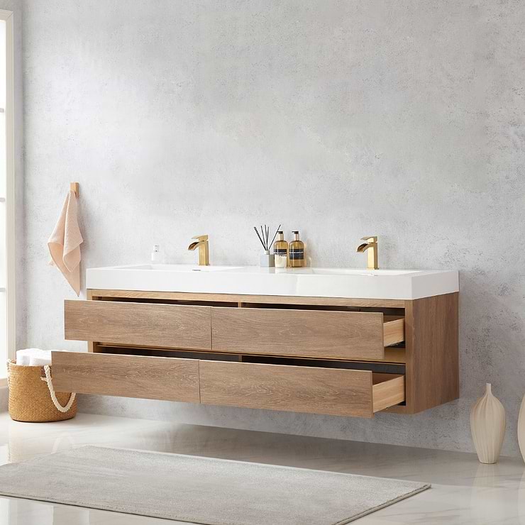 Serrano Blonde Oak 72" Double Floating Vanity with White Integrated Top