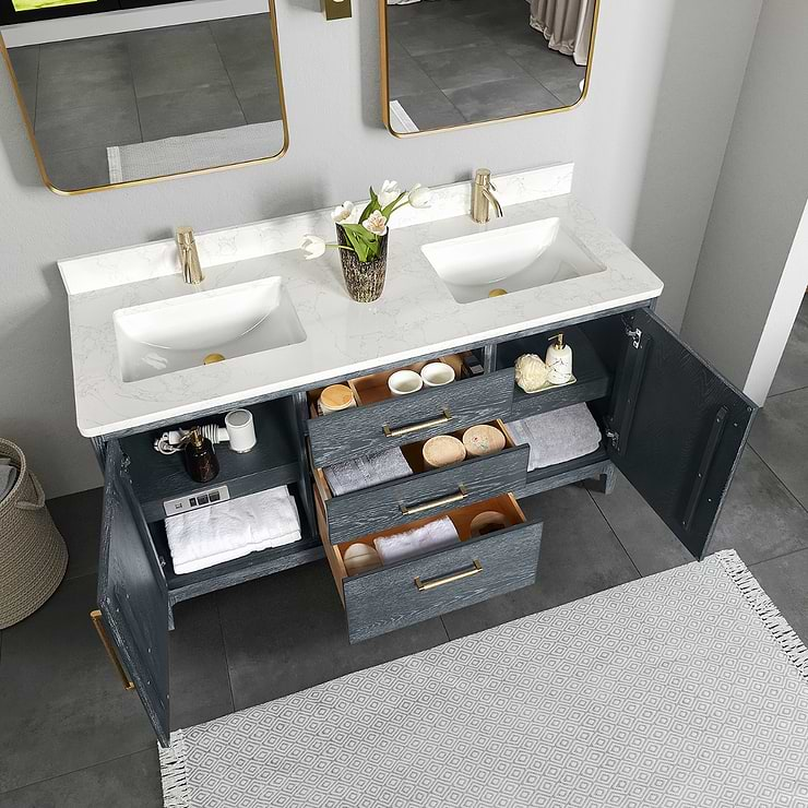 Kaitlin Navy Oak 60" Double Vanity with White Composite Stone Top