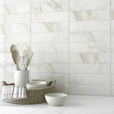 Amalfi Calacatta White 3x12 Polished Ceramic Subway Tile - Sample