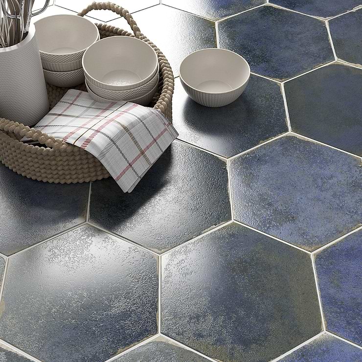 Kalay Blue 9" Hexagon Polished Porcelain Tile