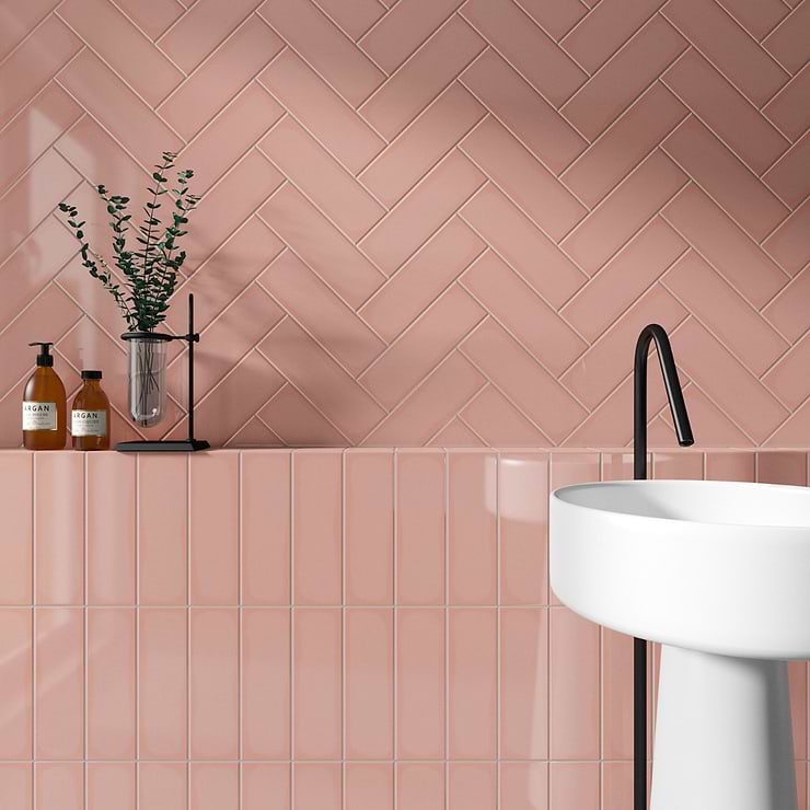 Park Hill Pink 4X12 Polished Porcelain Subway Tile; in Coral + Pink Porcelain; for Backsplash, Bathroom Wall, Kitchen Wall, Outdoor Wall, Pool Tile, Shower Wall, Wall Tile; in Style Ideas Classic, Contemporary, Cottage, Farmhouse, Industrial, Traditional, Transitional
