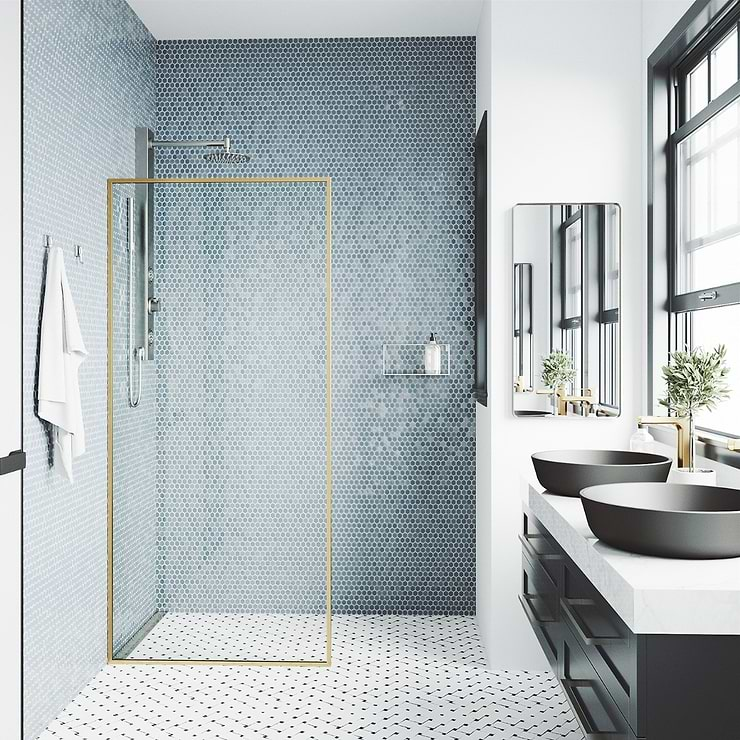 Finestra 34x74" Reversible Fixed Shower Door with Clear Glass in Brushed Gold