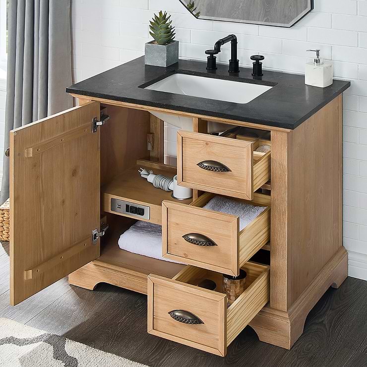Olivier Blonde Wood 36" Single Vanity with Black Marble Top | Tilebar.com