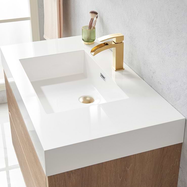 Serrano Blonde Oak 36" Single Floating Vanity with White Integrated Top