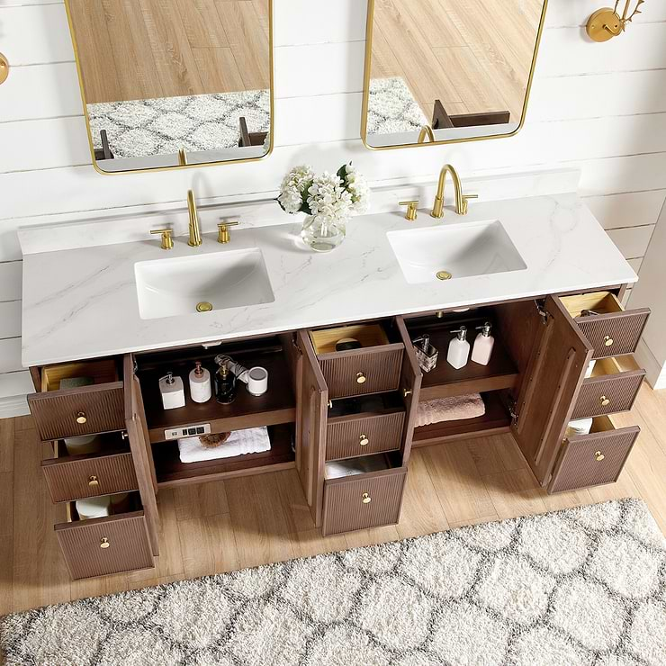 Florencia Brown Oak 84" Double Vanity with Pacific White Quartz Top