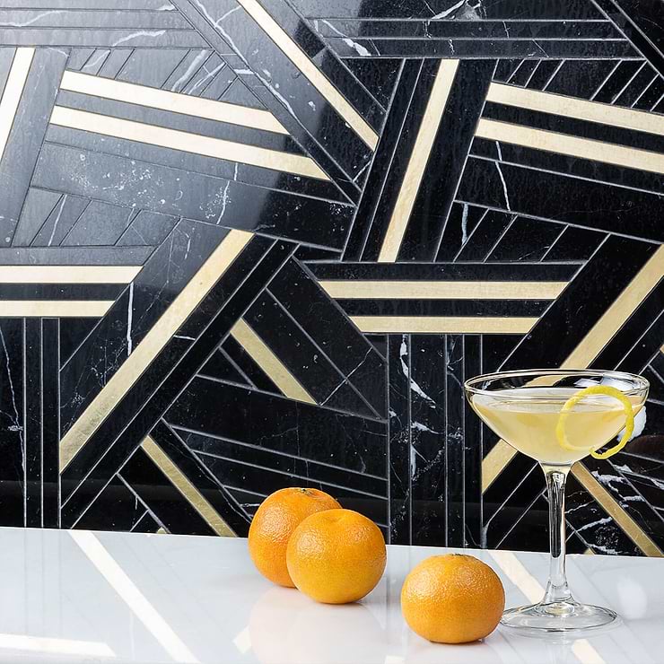 Kairos Ecliptic Black & Gold Polished Marble Mosaic; in Black and Gold with White Veining Black Marble; for Backsplash, Bathroom Wall, Kitchen Wall, Outdoor Wall, Wall Tile; in Style Ideas Art Deco, Contemporary, Craftsman, Modern, Transitional