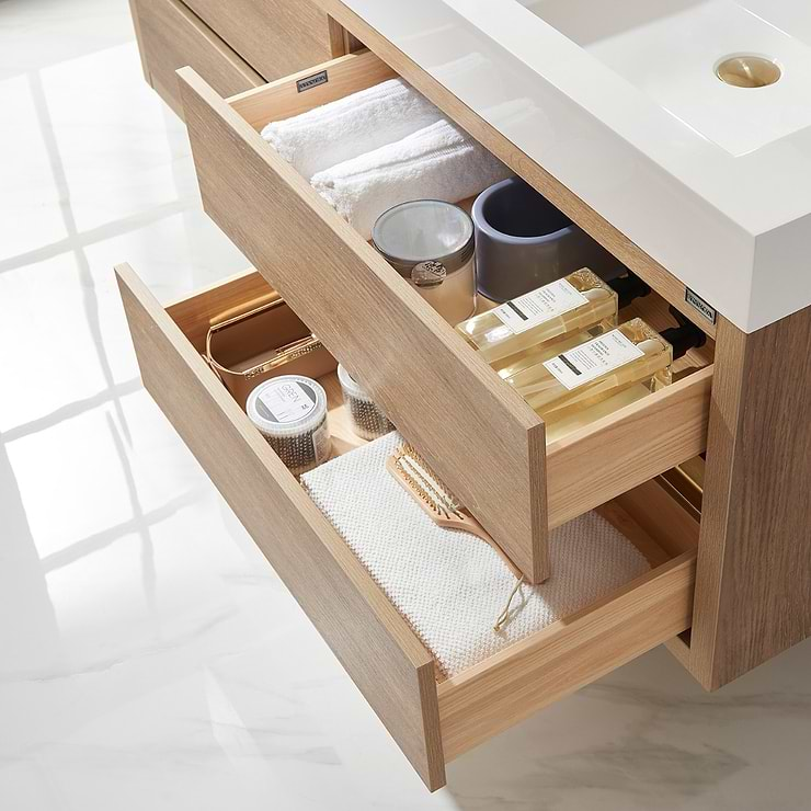 Serrano Blonde Oak 60" Double Floating Vanity with White Integrated Top