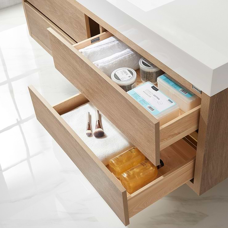 Serrano Blonde Oak 60" Single Floating Vanity with White Integrated Top