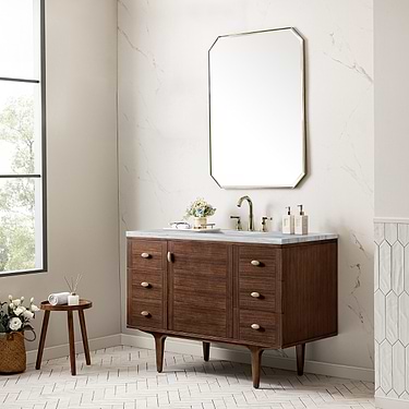 Amberly Mid-Century Walnut 48" Single Vanity with Arctic Fall Solid Surface Top by JMV