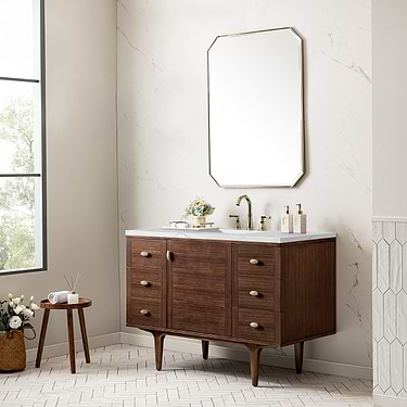 Amberly Mid-Century Walnut 48" Single Vanity with Ethereal Noctis Quartz Top by JMV