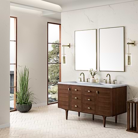 Amberly Mid-Century Walnut 60" Double Vanity with Arctic Fall Solid Surface Top by JMV