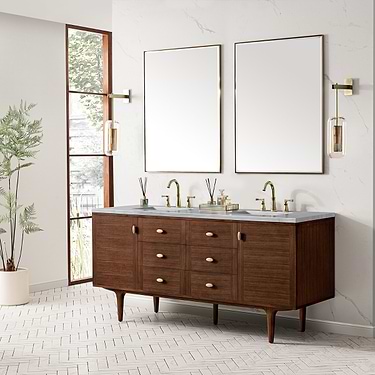 Amberly Mid-Century Walnut 72" Double Vanity with Arctic Fall Solid Surface Top by JMV