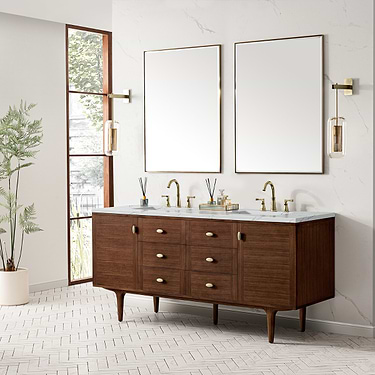 Amberly Mid-Century Walnut 72" Double Vanity with Ethereal Noctis Quartz Top by JMV