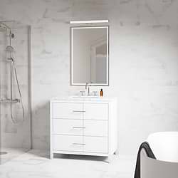 Iconic 36" White and Silver Vanity with Carrara Marble Top and Ceramic Basin
