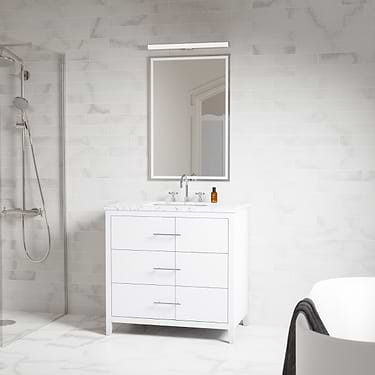 Iconic 36" White and Silver Vanity with Marble Counter