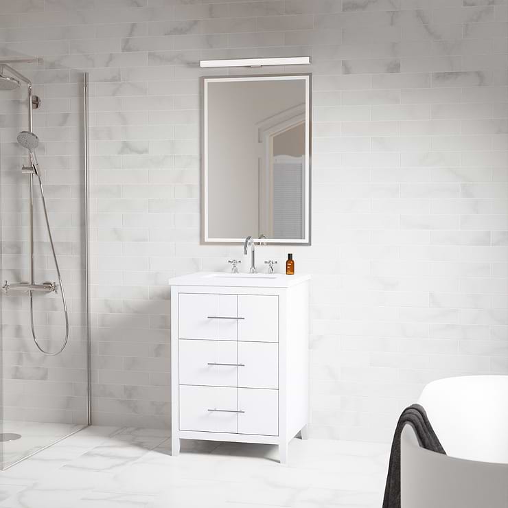 Iconic 24" White and Silver Vanity with Pure White Quartz Top and Ceramic Basin