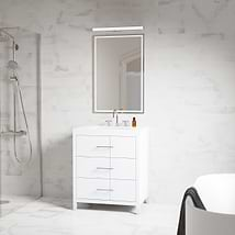 Iconic 30" White and Silver Vanity with Pure White Quartz Top and Ceramic Basin